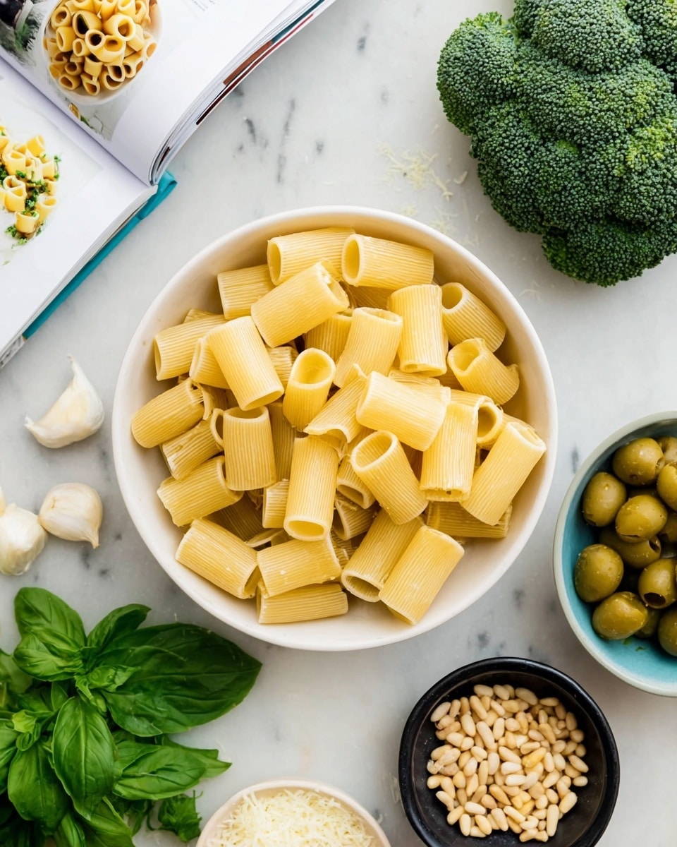 A white bowl filled with uncooked rigatoni pasta sits at the center on a white marbled surface. Around it are fresh green basil leaves in a small pile at the bottom left, three cloves of garlic just above, and a small bowl of green olives with pits to the right. Next to the olives is a small black bowl filled with pine nuts, and a white bowl with grated cheese is partly visible at the bottom. In the top right corner, there is a fresh broccoli head. An open recipe book with pasta pictures is placed in the upper left area. The overall scene is bright and clean. photo taken with an iphone --ar 4:5 --v 7