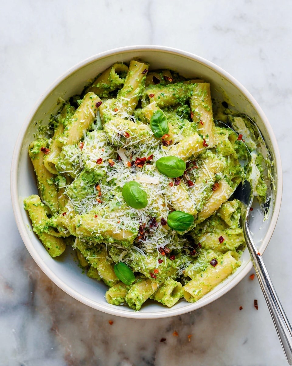 A white scalloped bowl holds about two layers of green pesto pasta rigate, with a rough, herby texture visible on the pasta surface. On top of the green pasta, there are several white dollops of soft ricotta cheese scattered around. The dish is lightly sprinkled with shredded pale yellow parmesan cheese and small red chili flakes. A silver fork with ornate designs rests partly inside the bowl on the left side. The bowl sits on a dark blue cloth with a white stripe, all placed on a white marbled background. Photo taken with an iphone --ar 4:5 --v 7