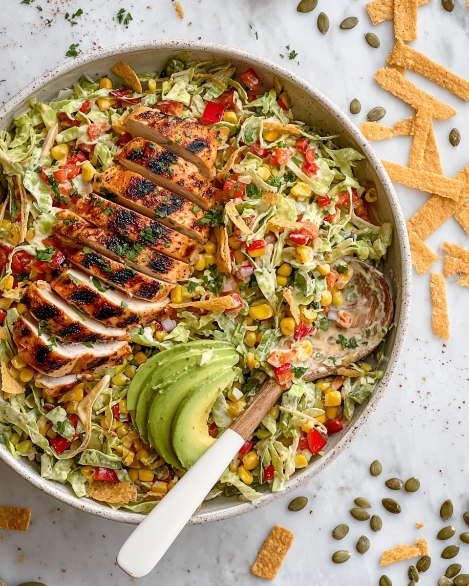 A large white bowl filled with a colorful salad made of shredded green cabbage, chopped red bell peppers, corn kernels, and chopped green onions, all mixed with a creamy dressing. On top of the salad is a sliced grilled chicken breast with dark grill marks and a sprinkle of chopped fresh herbs. Beside the chicken, there is a sliced avocado half with a few green onion rounds and pumpkin seeds. Crispy, golden tortilla strips are scattered on and around the salad. A wooden spoon with a white handle rests inside the bowl on a white marbled surface with some tortilla strips and pumpkin seeds scattered around. Photo taken with an iphone --ar 4:5 --v 7