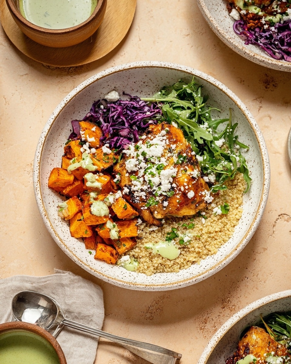 The dish is served in a white speckled bowl with five distinct layers visible from the top. The bottom right section has a light tan layer of cooked quinoa with some chopped green herbs. On the bottom left, there are chunky roasted orange sweet potato pieces with a slightly charred texture. At the top left, there is a portion of shredded purple cabbage. Next to that, on the top right, is a layer of fresh green arugula leaves. Sitting on top of the quinoa and sweet potatoes in the center is a piece of golden-brown roasted chicken thigh sprinkled with white crumbled cheese and fresh chopped herbs. A creamy green sauce is drizzled lightly over the arugula and chicken. The bowl is on a warm beige surface along with other bowls and utensils nearby. Photo taken with an iphone --ar 4:5 --v 7