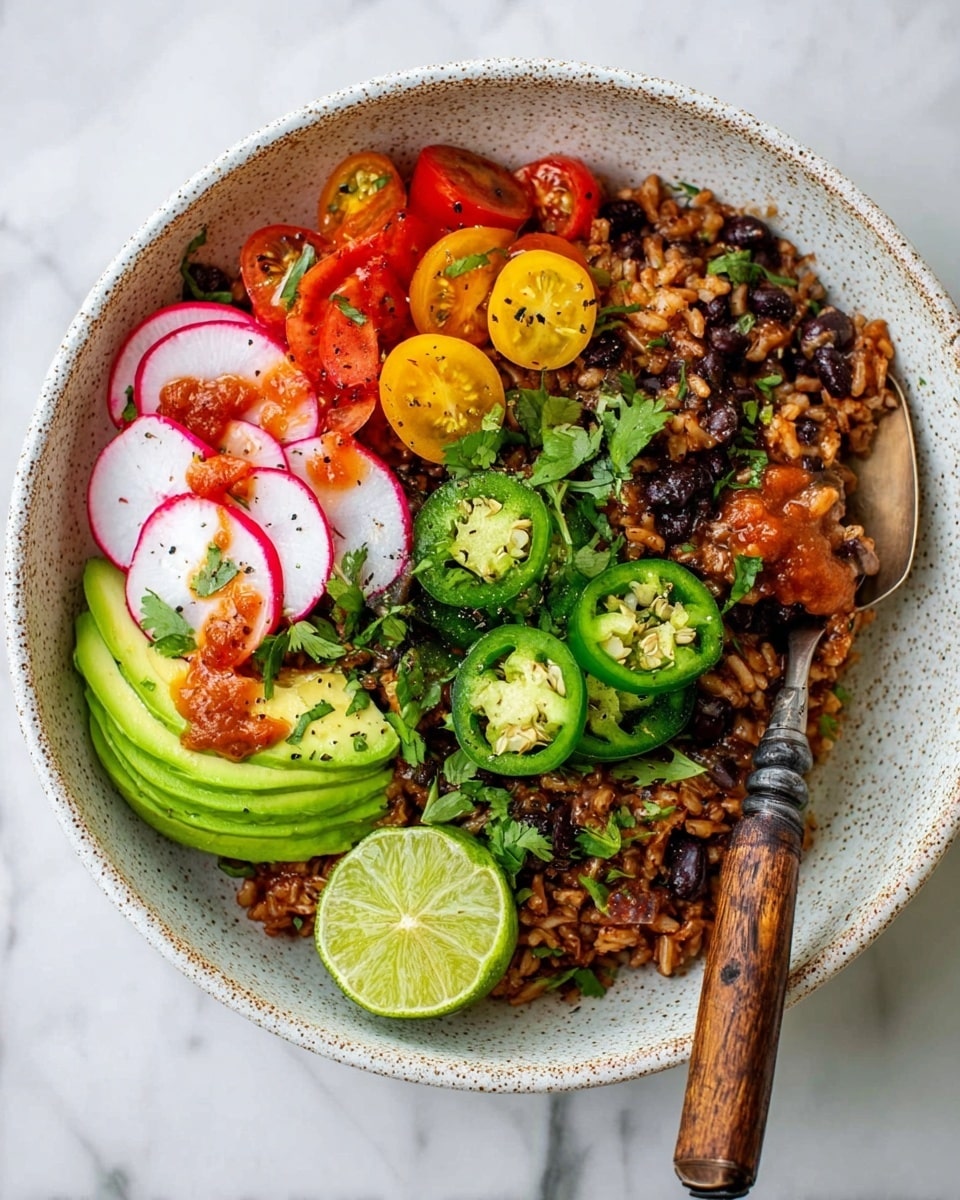 A white speckled bowl holds a layered dish starting with a base of cooked rice mixed with black beans and bits of red pepper, creating a textured brown and black foundation. On top, there are sliced avocado pieces in green with smooth texture, surrounded by thin round slices of red and white radishes, bright yellow and red grape tomatoes, and slices of green jalapeño. The dish is sprinkled with chopped fresh green cilantro and cracked black pepper, with a few small splashes of red sauce. A half lime with bright green and light yellow flesh sits on the side of the bowl. A rustic wooden-handled spoon rests at the bowl’s edge. The background is a white marbled surface. Photo taken with an iphone --ar 4:5 --v 7