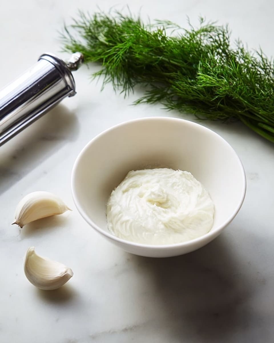 A white bowl sits on a white marbled surface with a soft, white creamy mixture inside, showing a smooth and slightly fluffy texture. To the left of the bowl, two peeled cloves of garlic rest on the surface, with a metal garlic press nearby. Above the garlic press, a small bunch of fresh dill with fine green leaves lies flat, adding a bright, natural green contrast to the scene. The lighting is soft and natural, highlighting the clean, fresh ingredients. photo taken with an iphone --ar 4:5 --v 7