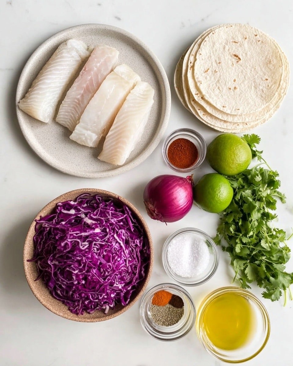 The image shows several ingredients arranged on a white marbled surface. At the center top, three pieces of white fish fillets lay on a light gray round plate. To the right of the fillets, two white corn tortillas rest stacked on the surface. Below the fish, a light brown bowl holds shredded purple cabbage with visible white stems. To the right of the bowl are two bright green limes, a bunch of fresh green cilantro, and a whole red onion. On the left side, five small clear glass containers hold multiple spices in reddish-brown, green, and light brown shades, with one container filled with a white powder. Near the bottom, a small white bowl contains a white granular substance, and to its right, a small clear glass bowl holds yellow olive oil. The whole setup is on a white marbled surface. photo taken with an iphone --ar 4:5 --v 7