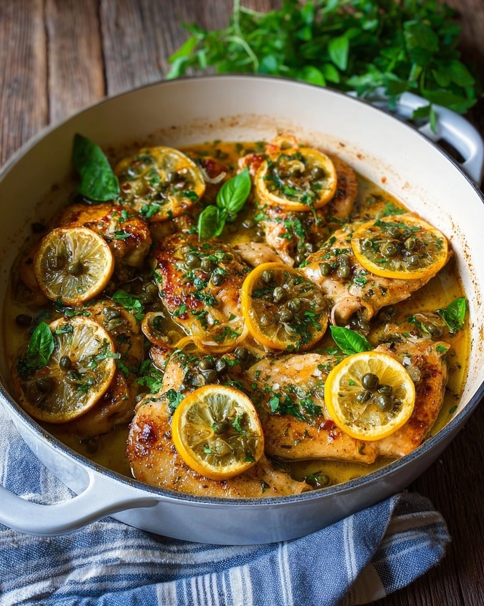 The image shows a white round pan filled with golden-brown chicken pieces layered with slices of caramelized lemon and small green capers scattered on top. The chicken is covered with a light sauce mixed with finely chopped bits of onion and herbs, giving a slightly chunky texture. Fresh green basil and parsley leaves are spread evenly over the chicken pieces, adding a vibrant contrast of color. The pan sits on a wooden surface with a blue and white striped cloth nearby and fresh green herb sprigs laid beside it. The overall look is warm and appetizing, with a rustic feel. photo taken with an iphone --ar 4:5 --v 7