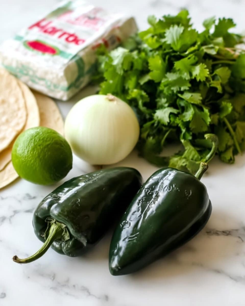 The image shows two dark green poblano peppers with shiny, smooth skins placed close together on a white marbled surface. Behind the peppers, there is a bunch of fresh green cilantro with leafy stems. To the left of the cilantro, a green lime and a white onion with smooth skin are visible. A wrapped white cheese block with a red and white label is also in the background, along with a round flour tortilla partially visible on the far left side. The overall setup has a fresh and natural feel. photo taken with an iphone --ar 4:5 --v 7