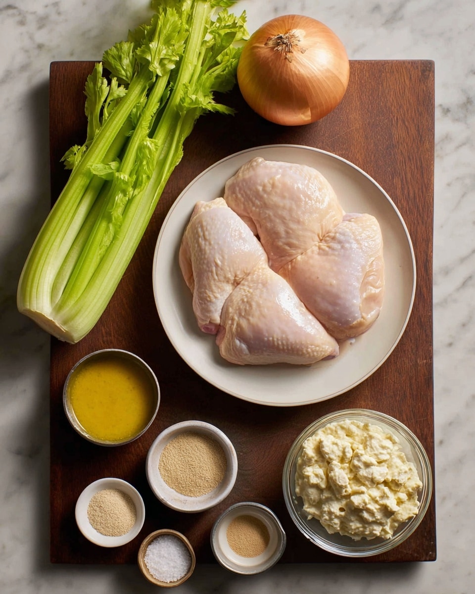 A white plate holds three raw chicken pieces with a smooth pale pink surface, centered on a dark wooden cutting board. Above the plate, bright green celery stalks with leafy tops lie diagonally. To the right of the celery is a brown onion with smooth skin. Nearby, a clear glass bowl is filled with a creamy, off-white mixture with a textured, fluffy surface. Small metal and ceramic bowls around the cutting board hold various spices and condiments: one with a yellow mustard-like sauce, another with coarse salt grains, one with white salt, and a white plate with three powders in beige, light brown, and pale yellow. The setting is on a white marbled surface. photo taken with an iphone --ar 4:5 --v 7