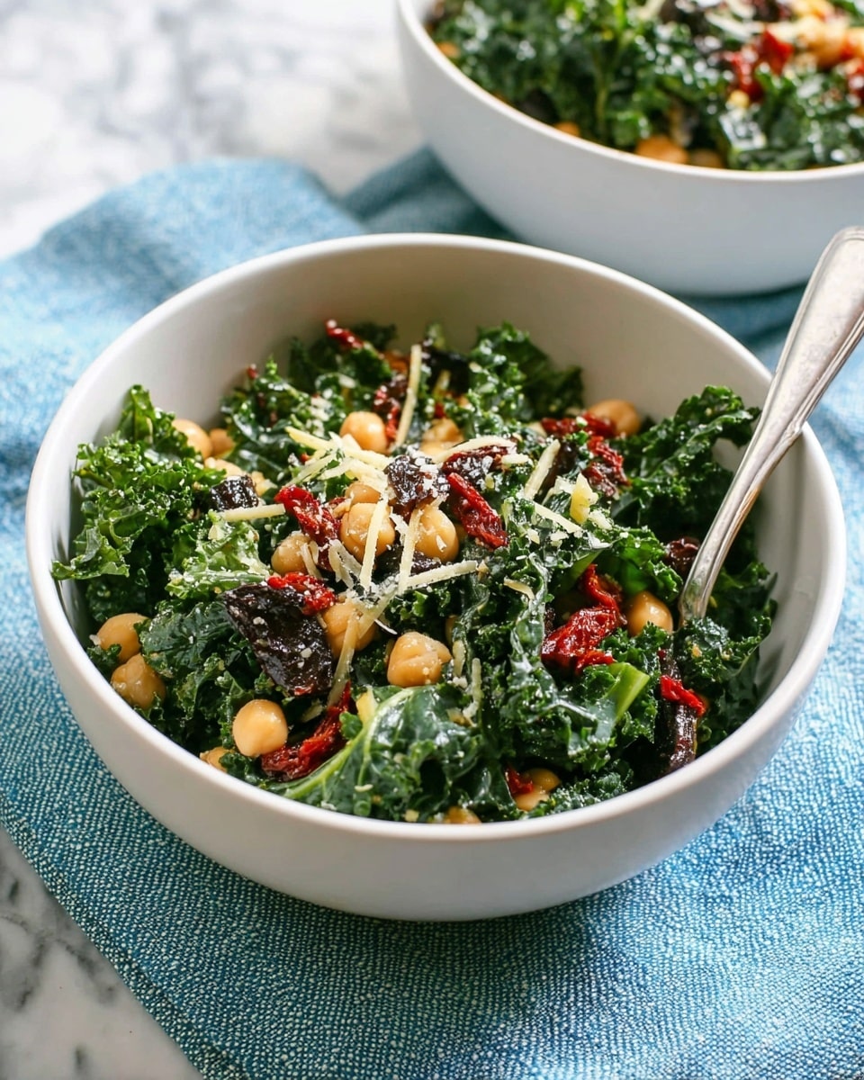 A white bowl filled with a fresh kale salad showing three main layers: the bottom layer consists of dark green, curly kale leaves with a slight shine from dressing; the middle layer features beige chickpeas and bits of sun-dried tomatoes in reddish orange; and the top layer is sprinkled with sliced black olives and grated pale cheese. A silver spoon rests inside the bowl on the right side. The bowl is placed on a light blue textured cloth over a white marbled surface. In the background, there is a second white bowl with a similar salad slightly out of focus. Photo taken with an iphone --ar 4:5 --v 7