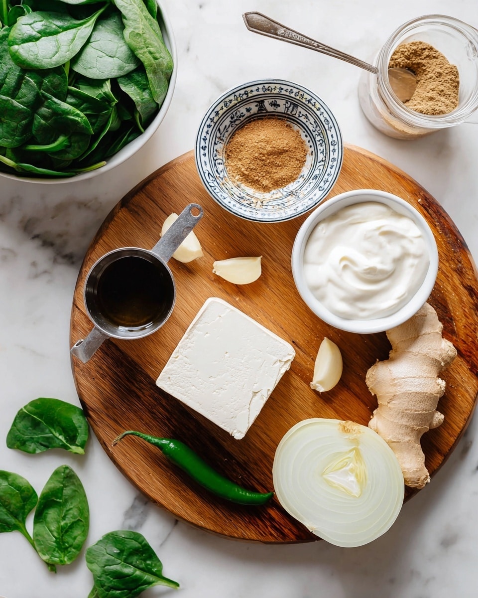 A wooden round board placed on a white marbled surface holds a square block of white tofu centered near the bottom right, with a piece of fresh ginger root to the right and three peeled garlic cloves around it. Above the tofu, a small white bowl containing creamy white yogurt sits to the right, and a small ceramic bowl with blue and white patterns is filled with light brown ground spices near the top. To the left of the tofu is a small silver measuring cup filled with dark liquid and just below it, a single green chili pepper. Nearby, two onion halves with white layers and brown skin rest on the white marbled surface. In the lower left corner, part of a white bowl filled with fresh green spinach leaves is visible, along with a few spinach leaves scattered on the marbled surface. A small white jar containing light brown powder with a spoon is positioned near the top left corner. Photo taken with an iphone --ar 4:5 --v 7