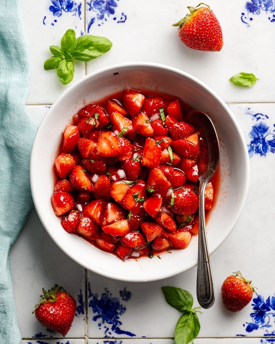 A white bowl filled with bright red chopped strawberries coated in a glossy, syrupy glaze, with small bits of green basil mixed throughout, creating a fresh contrast. A silver spoon rests inside the bowl leaning on the right side. Around the bowl, whole strawberries and green basil leaves are scattered on a white marbled surface with blue floral tile patterns. A light blue cloth is partially visible on the left side. The lighting highlights the shiny texture of the strawberries and the vibrant colors of the basil leaves. photo taken with an iphone --ar 4:5 --v 7