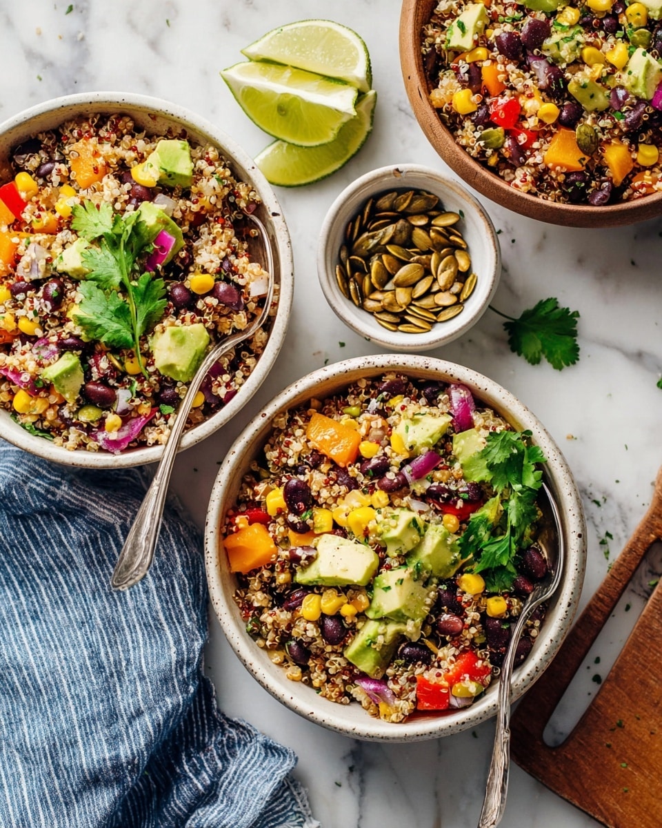 Three white bowls filled with quinoa salad sit on a white marbled surface, each bowl showing a colorful mix of layers: a base of small beige quinoa grains, topped with black beans scattered throughout, bright yellow corn kernels, diced orange bell peppers, and red onion pieces adding purple flecks. On top, chunks of green avocado and slices of red cherry tomatoes add fresh texture, sprinkled with roasted dark brown pumpkin seeds and garnished with cilantro leaves. A silver spoon rests inside the top-left bowl, next to wedges of lime placed on the marble. A small white bowl holding more roasted pumpkin seeds sits on a wooden board above, adding a rustic touch. A blue and white striped cloth is casually placed under the bottom-left bowl. photo taken with an iphone --ar 4:5 --v 7