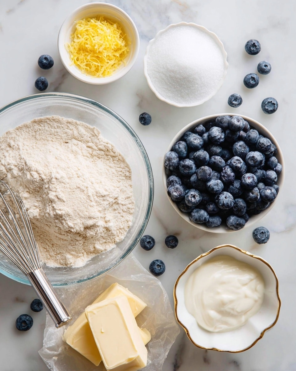 A clear glass bowl in the lower left holds a mix of light beige flour and white powder with a silver whisk resting inside. To the top left, a white bowl contains bright yellow lemon zest with fine texture. Above it, a small round white bowl filled with white sugar is visible. To the right, a white bowl is filled with many plump, fresh blueberries, with a few scattered blueberries on the white marbled surface around the bowls. Near the bottom right, a small white scalloped bowl contains a smooth white cream, and a smaller white bowl with golden trim holds a white liquid. At the bottom center, two pale yellow blocks of butter rest on their wrapper. The whole scene is arranged on a white marbled surface. photo taken with an iphone --ar 4:5 --v 7