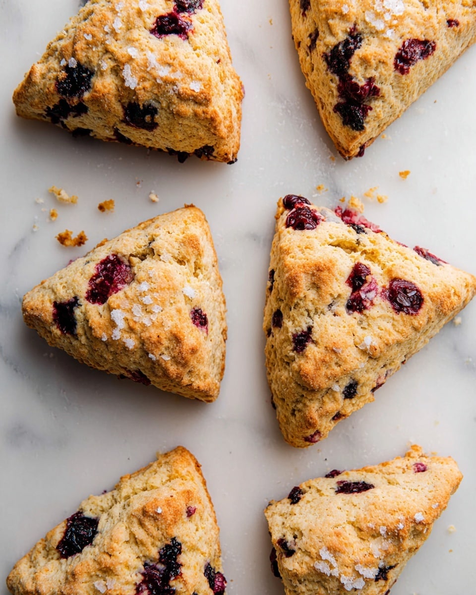 The image shows five golden-brown triangular scones with a crumbly texture resting on a white marbled surface. Each scone has visible dark red and purple berry spots distributed inside and near the edges, adding a burst of color against the light dough. The scones have a slightly rough top sprinkled with sugar crystals, and they look soft yet crisp on the outside. The spacing between the scones reveals the white marbled background clearly, with a few scattered crumbs around. photo taken with an iphone --ar 4:5 --v 7