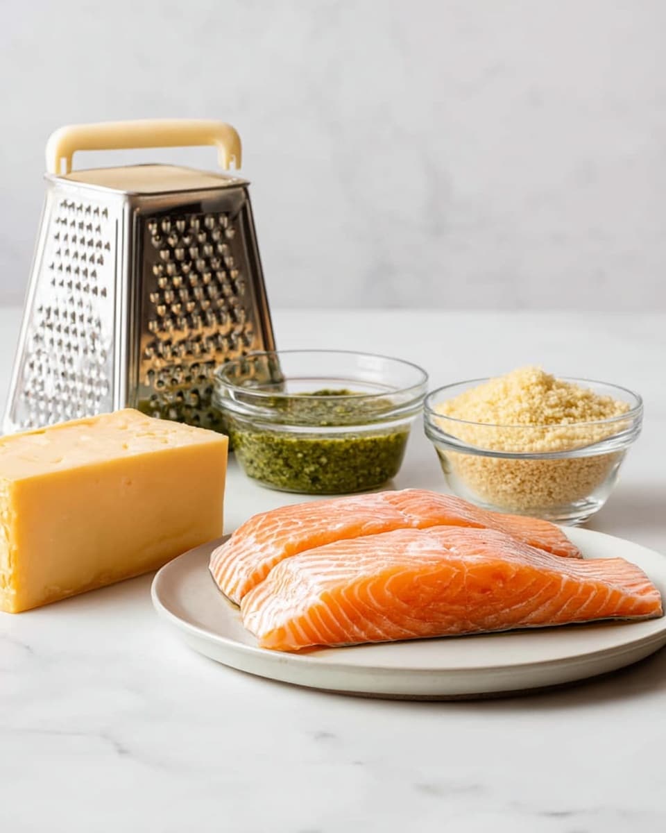 Two pieces of fresh, orange-pink salmon fillets with light white marbling sit side by side on a plain white plate, positioned on the right side of the image. In front of the plate, there is a small block of hard cheese with a slightly rough golden-yellow surface, and next to it, a small clear glass bowl filled with green pesto sauce, showing a slightly chunky texture. Behind the bowl of pesto is another small clear glass bowl, filled with light golden-brown breadcrumbs that look crumbly and dry. On the left side of the image stands a tall metal box grater with a cream-colored plastic handle. All items are placed on a white marbled surface with a soft, light marbled white background. Photo taken with an iphone --ar 4:5 --v 7