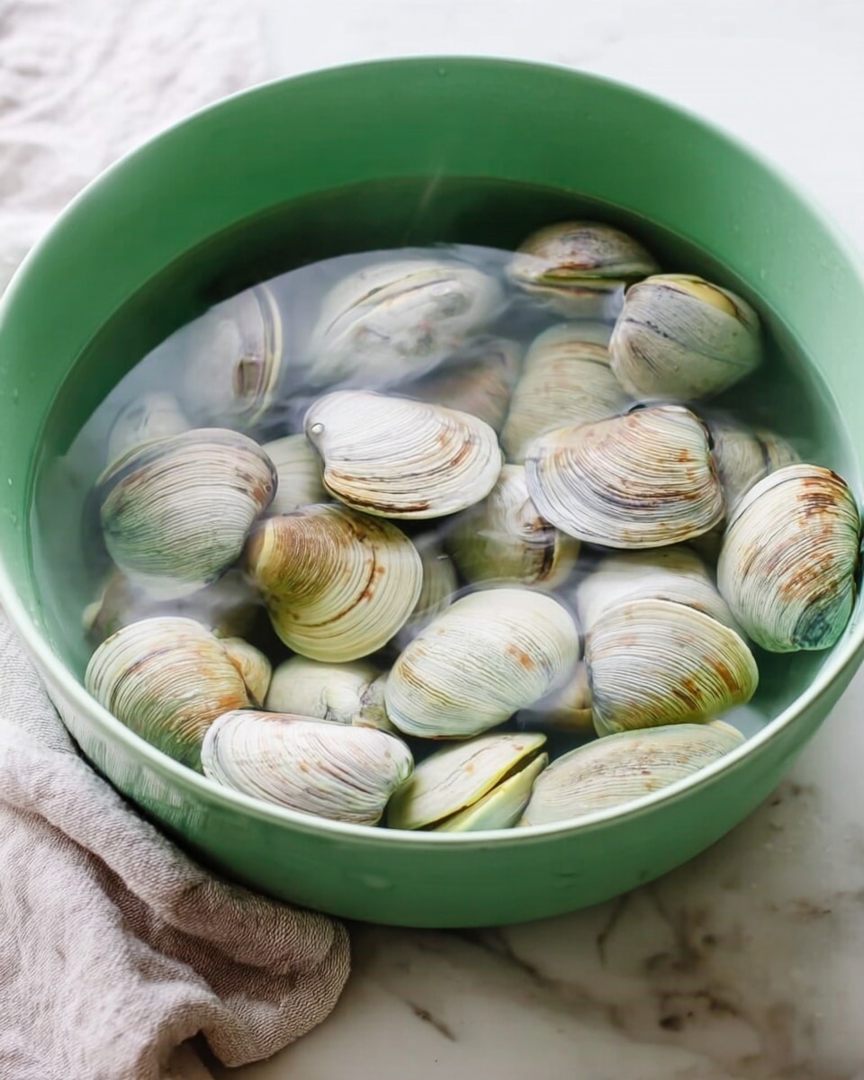 A large green bowl filled with water and many grayish-white clams soaking in it, the clams showing natural streaks and spots of darker gray and brown on their rounded shells, the water clear enough to see the clams beneath the surface, the bowl sits on a white marbled surface with a soft cloth partially visible on the side, the overall look is fresh and simple. photo taken with an iphone --ar 4:5 --v 7