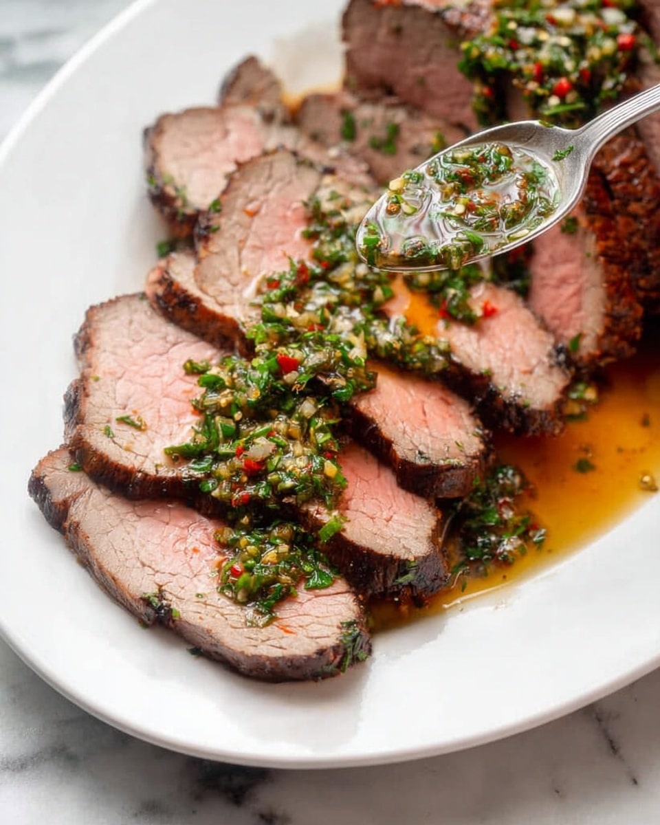 A white plate holds six slices of cooked meat arranged in a neat row. Each slice has a brown, slightly charred outer edge with a soft, light pink center. Some green herbs lightly sprinkle the meat's surface. A spoon is shown drizzling a sauce made of chopped herbs, red pepper flakes, and oil over the slices, adding a shiny glaze on top. The background shows a white marbled surface. photo taken with an iphone --ar 4:5 --v 7