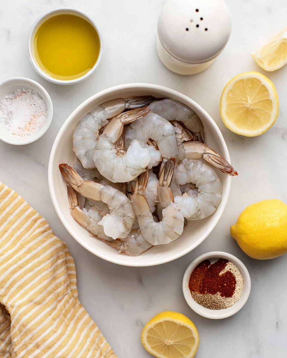 A white bowl filled with raw shrimp arranged in a circular pattern, tails pointing outward and a shrimp shell in the middle, placed on a white marbled surface. Surrounding the bowl, there are two lemon halves on the right side, a small white bowl with a mix of red, white, and tan powders below the shrimp bowl, another small white bowl with yellow oil to the left of the spice bowl, and a white pepper grinder above the shrimp bowl. A yellow and white striped cloth is partly visible on the right side near the lemons. Photo taken with an iphone --ar 4:5 --v 7
