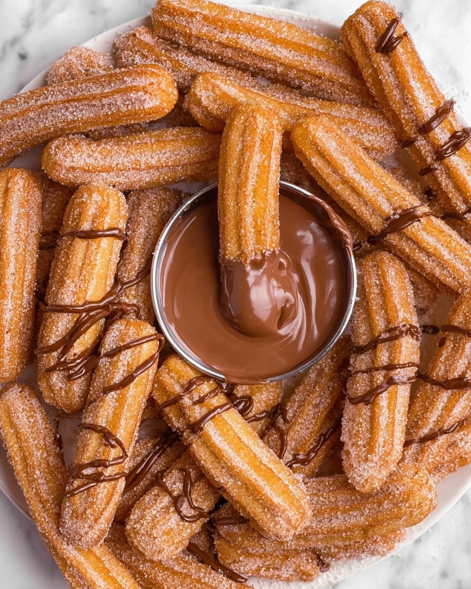 A white round plate filled with many long, ridged churros covered in granulated sugar, arranged in a loose pile around a small silver bowl filled with thick, melted milk chocolate in the center. One churro is dipped halfway into the chocolate bowl, showing a bite taken from it, revealing a soft inside. Thin streams of chocolate are drizzled over many churros, adding a glossy texture contrast to their sugar coating. The background surface is white marble. Photo taken with an iphone --ar 4:5 --v 7