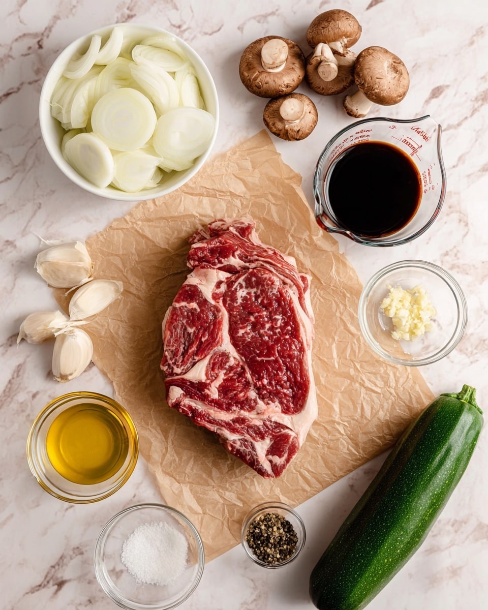 The image shows a piece of raw marbled red meat placed on crinkled light brown paper in the center, surrounded by various ingredients on a white marbled surface. At the top left is a white bowl filled with sliced white onions, next to a small cluster of whole brown mushrooms. To the right is a clear glass measuring cup with dark soy sauce, and below it is a small clear bowl of minced garlic. At the bottom left are two more clear measuring cups, one with golden yellow oil and one with a dark brown liquid. Next to these measuring cups is a small clear bowl with white salt and black pepper. On the bottom right side of the image lies a whole green zucchini. All items are neatly arranged with even spacing, photo taken with an iphone --ar 4:5 --v 7