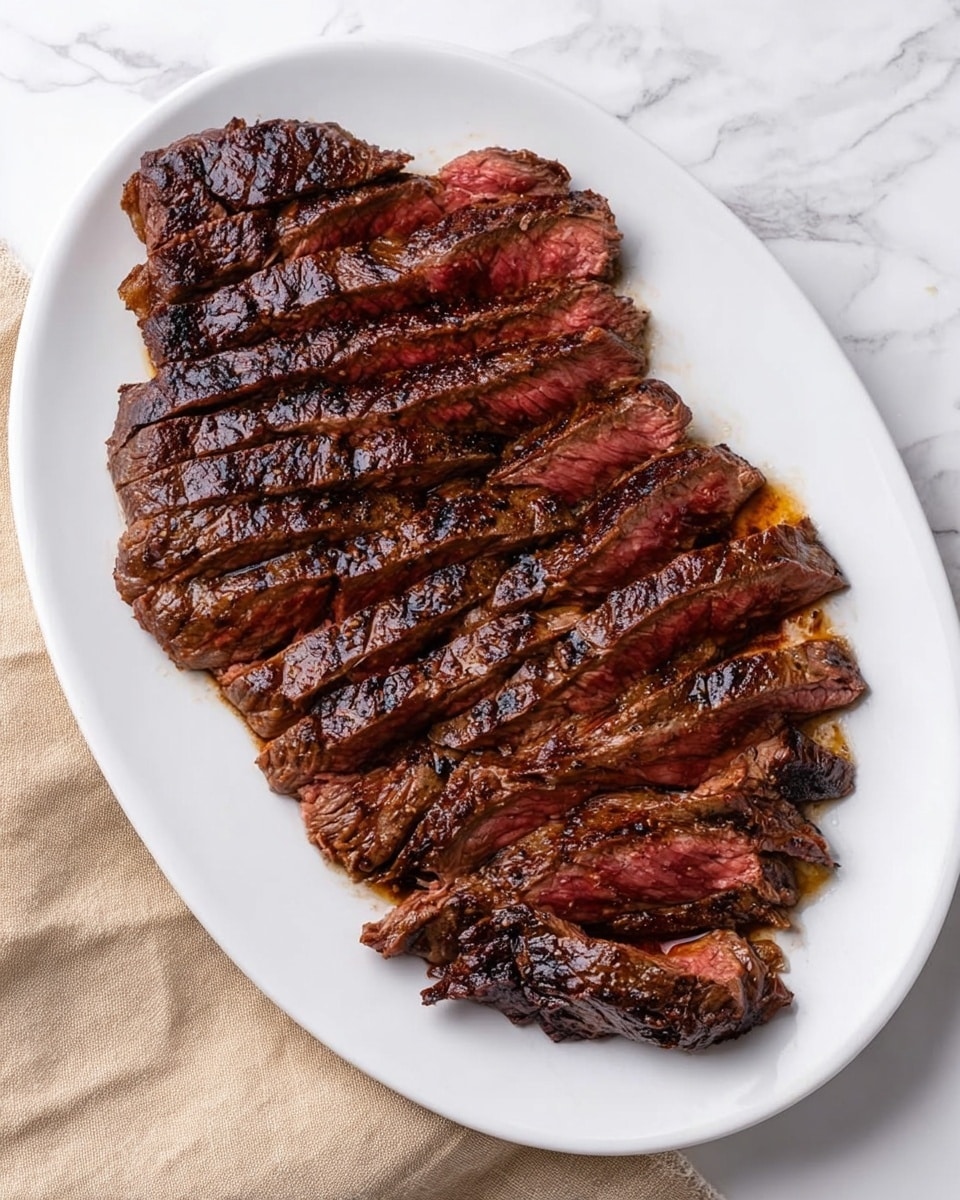 A white oval plate holds a sliced steak arranged in two overlapping rows, showing a rich dark brown crust with visible grill marks and a juicy reddish-pink center. The steak slices are neatly lined up, each piece consistent in thickness with a textured surface that looks slightly charred and seasoned. The plate sits on a white marbled surface with a beige cloth partially visible to the left side. The lighting highlights the meat’s glossy texture and the contrast between the crispy outside and tender inside photo taken with an iphone --ar 4:5 --v 7