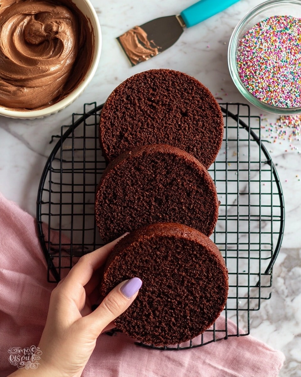 The image shows three round chocolate cake layers resting on a black wire cooling rack over a white marbled surface. The cake layers are dark brown with a soft, crumbly texture. A woman's hand with light purple nail polish is gently holding the front cake layer. To the upper left, a white bowl filled with creamy chocolate frosting sits next to a metal spatula with a blue handle resting on the bowl’s edge. At the top right, there is a clear glass container filled with colorful round sprinkles. A soft pink cloth is slightly visible near the lower left corner. Photo taken with an iphone --ar 4:5 --v 7