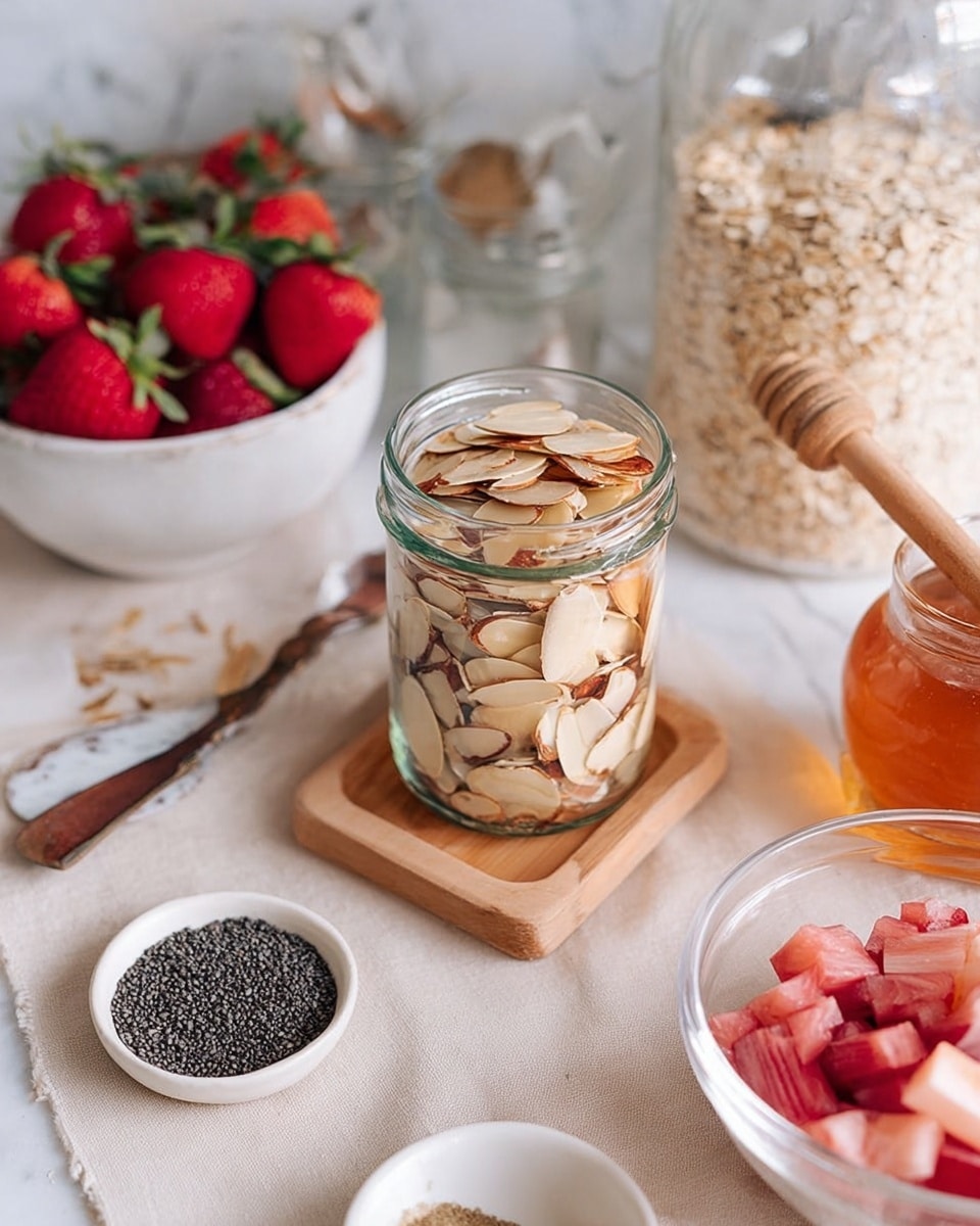 The image shows a clear glass jar filled with thin, light brown almond slices sitting on a small light wooden coaster, placed on a light beige cloth surface with a white marbled texture underneath. To the left of the jar, there is a white bowl filled with bright red strawberries with green leaves. In front of the jar, a small white dish contains a pile of black poppy seeds. To the right, a clear glass bowl holds chopped pieces of red and pale pink rhubarb. In the bottom right corner, there is a partially visible jar of amber honey with a wooden honey dipper resting inside it. In the background, there is a clear glass container filled with rolled oats and a glass cup holding spoons, all on the cloth surface. Photo taken with an iphone --ar 4:5 --v 7