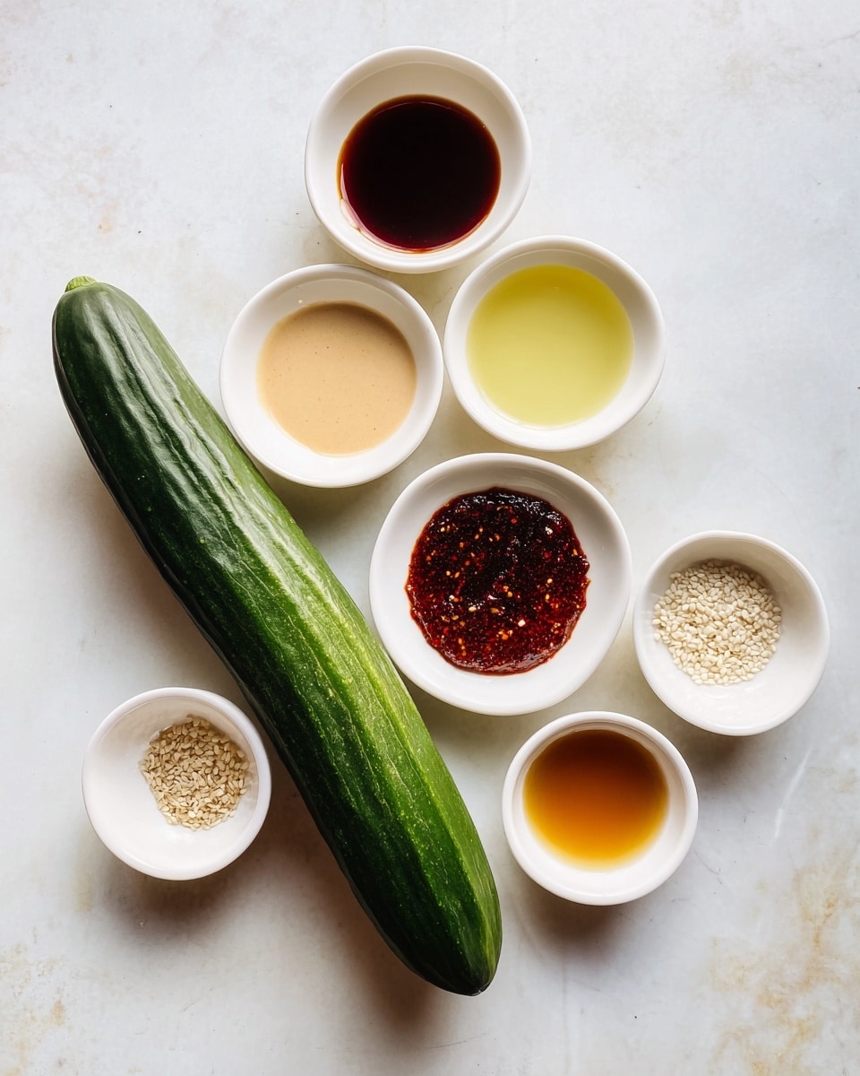 A long green cucumber is placed at the top center on a white marbled surface, surrounded by seven small white bowls arranged in a loose circular pattern. Each bowl contains different ingredients: a dark brown sauce in the top left, a light yellow liquid to the right of it, a beige creamy sauce below, a dark red chili paste with seeds in the center, a small amount of light minced garlic on the right, white sesame seeds on the bottom left, and a golden brown liquid at the bottom right. The image is bright with soft natural light showing clear textures of the ingredients and the cucumber. photo taken with an iphone --ar 4:5 --v 7