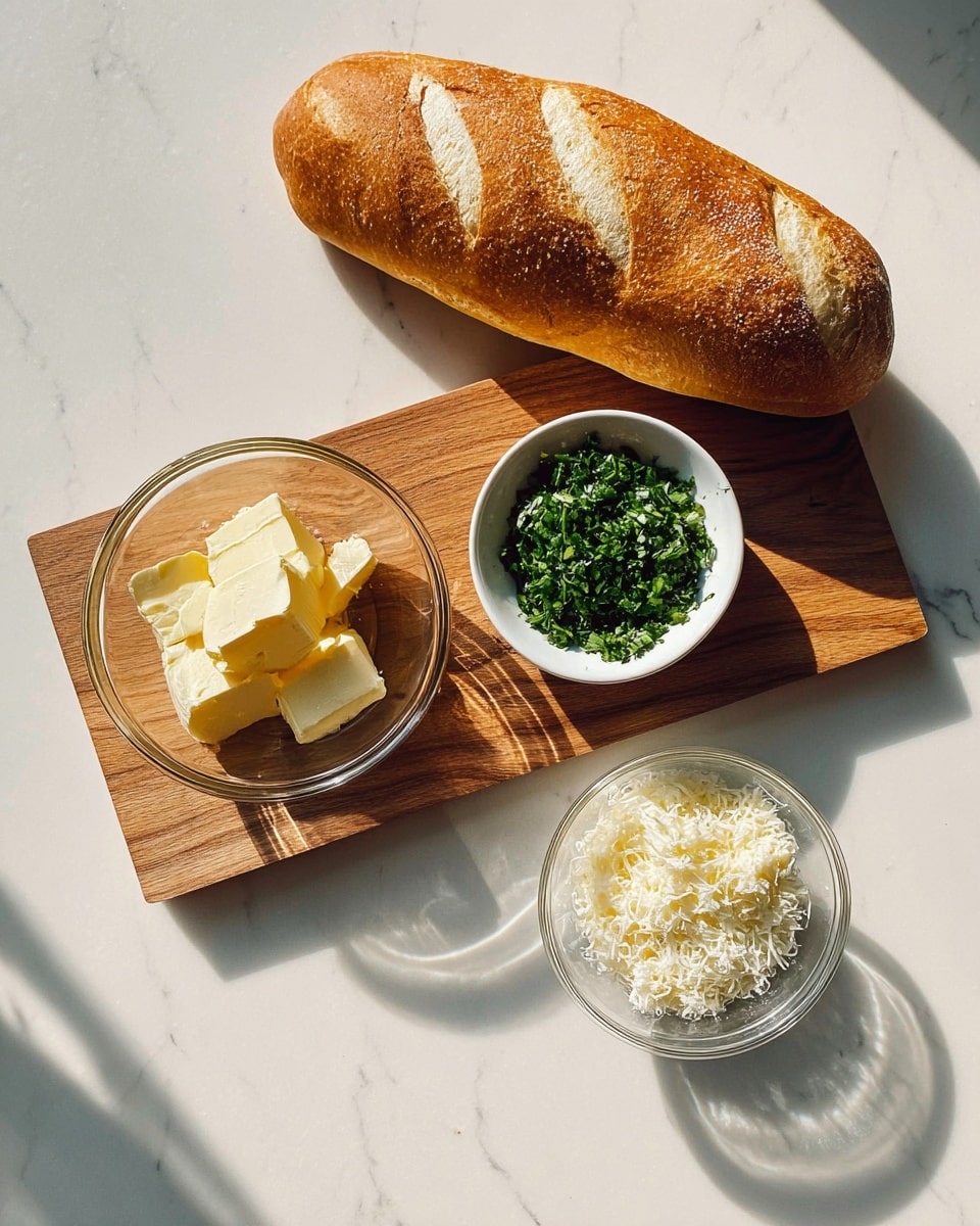 A white marbled surface holds a wooden board with three small bowls arranged on it: one clear bowl containing pale yellow cubed butter, one white bowl with chopped green herbs and a small dollop of pale yellow garlic, and one clear plastic container filled with finely grated white cheese. Above the board lies a golden-brown loaf of bread with three slashes on top, casting soft shadows across the scene from natural light. Photo taken with an iphone --ar 4:5 --v 7