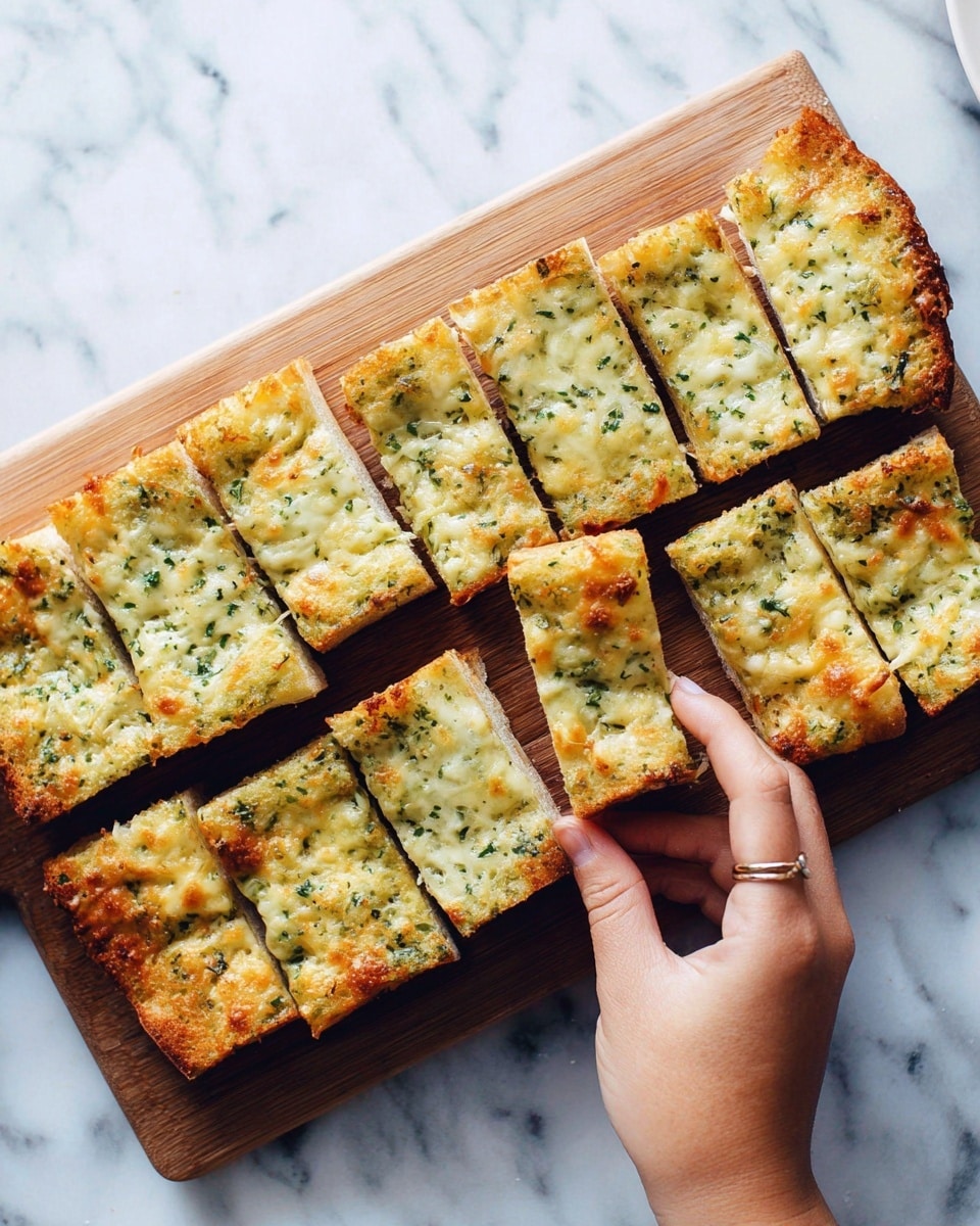 The image shows a wooden board placed on a white marbled surface with 11 rectangular garlic bread slices arranged in two rows, each slice topped with a golden-brown layer of melted cheese mixed with green herbs. The bread base is light tan with slightly crisp edges, and there is a clear texture showing the soft inside of the bread. A woman's hand with light skin and a thin ring is picking up one slice from the lower row, emphasizing the crisp edges and cheesy topping. The background is simple, focusing on the bread's texture and color. photo taken with an iphone --ar 4:5 --v 7