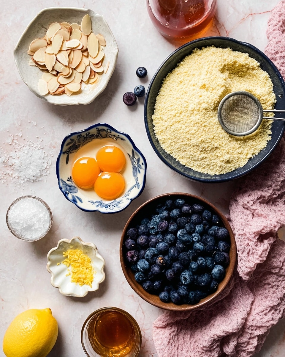The image shows several bowls and ingredients arranged on a white marbled surface. On the right, there is a dark bowl filled with light yellow almond flour and a metal sifter resting on top. Below it, a small brown bowl is filled with fresh, dark blue blueberries. To the left, a white bowl with a blue rim holds thin, light brown almond slices. Nearby, a white dish shaped like a flower has salt, and another small white dish holds some yellow lemon zest. At the bottom left, half a lemon with a bright yellow color is sliced and placed next to the dishes. Toward the top, a white bowl contains two cracked eggs with bright orange yolks. There is also a glass jug filled with amber-colored liquid and a small glass of light yellow liquid above the almond slices. Everything is placed on a pink cloth that crosses part of the white marbled surface. photo taken with an iphone --ar 4:5 --v 7