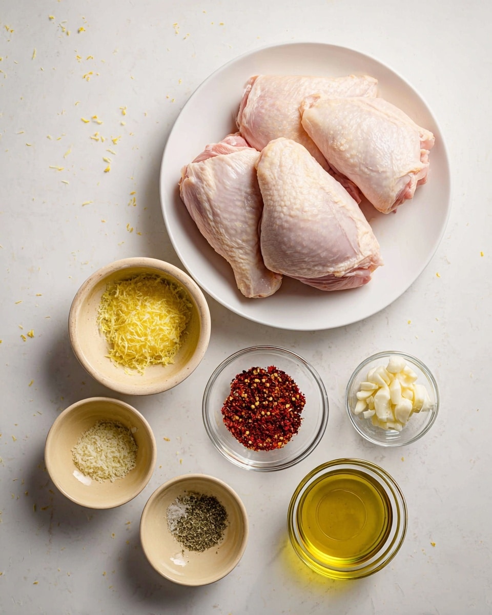 The image shows three large raw chicken pieces placed on a white plate in the upper center. Below the plate, there are five small bowls with ingredients arranged in an arc: a beige bowl with melted butter in the upper left, a beige bowl with grated lemon zest in the lower left, a clear bowl with red and green spices in the middle, a white bowl with chopped garlic in the upper right, a clear bowl with salt and black pepper below the spice bowl, and a clear bowl with golden olive oil at the bottom center. The background is a white marbled surface with some small scattered specks. photo taken with an iphone --ar 4:5 --v 7