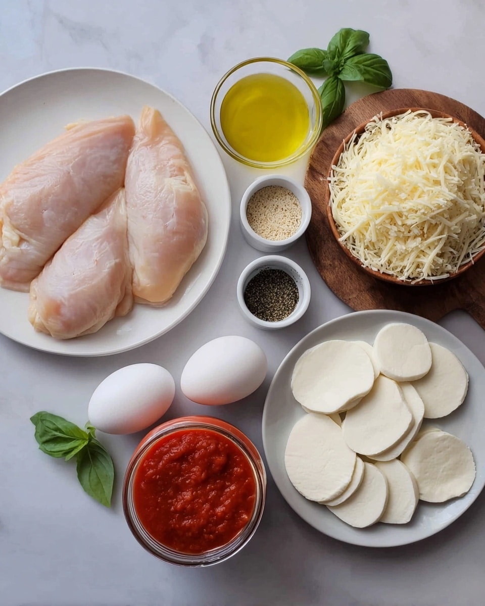 The image shows several ingredients placed on a white marbled surface. On the left, a white plate holds three raw chicken pieces with a pale pink color. Above it, there is a small glass bowl with light yellow oil, and two green basil leaves beside it. In the center, a wooden cutting board holds a bowl filled with grated pale yellow cheese, two white eggs, and two small white bowls with black and green spices. On the right side, a white plate is stacked with white mozzarella slices, next to a jar filled with red tomato sauce. Photo taken with an iphone --ar 4:5 --v 7