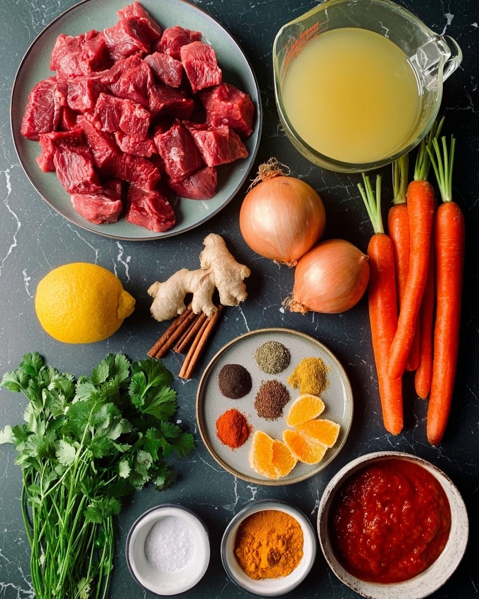 The image shows many cooking ingredients placed neatly on a dark grey surface with a white marbled texture. On the top left, there is a plate filled with red raw meat pieces. To the right, a glass measuring cup holds pale yellow broth. Three bright orange carrots with green tops lie next to the cup, alongside two whole brown onions. A round dish in the middle contains various ground spices in separate sections, including red, brown, black, and yellow powders. Below, from left to right, there is a lemon, cinnamon sticks, a small bowl with orange dried slices, fresh green cilantro leaves, a garlic bulb, a piece of ginger, a small bowl of salt, a tiny bowl with a red paste, and a bowl filled with thick red tomato paste. The ingredients are neatly organized with no overlaps. Photo taken with an iphone --ar 4:5 --v 7