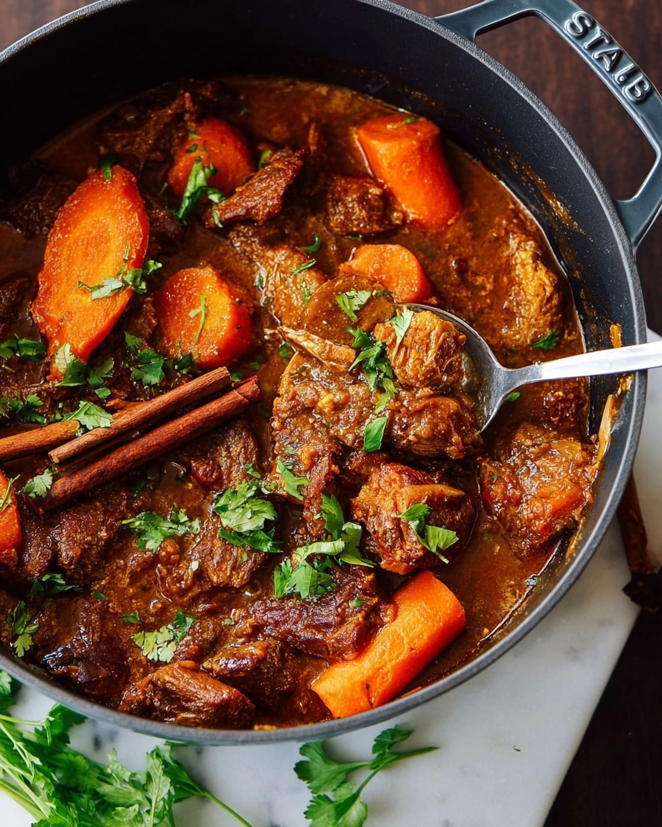 A close-up view of a dark pot filled with a rich brown stew that has thick chunks of tender meat and large orange carrot pieces. The stew looks moist and slightly oily with visible spices, small green parsley leaves scattered on top, and two dark brown cinnamon sticks lying on the surface. A silver spoon is scooping some of the stew near the left side, showing more texture in the meat and carrots. The pot handle has the word