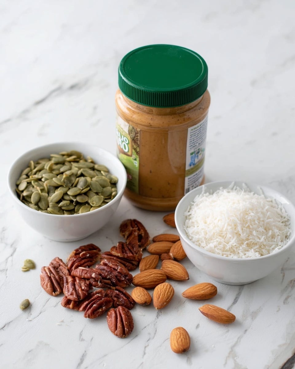 The image shows a jar of peanut butter with a green lid standing upright on a white marbled surface. In front of the jar, there are scattered pecans and almonds, creating a small pile on the surface. To the left of the jar, there is a white bowl filled with green pumpkin seeds, and to the right, there is another white bowl filled with white shredded coconut. The whole setup is simple and clean, with the ingredients clearly visible and neatly arranged. Photo taken with an iphone --ar 4:5 --v 7