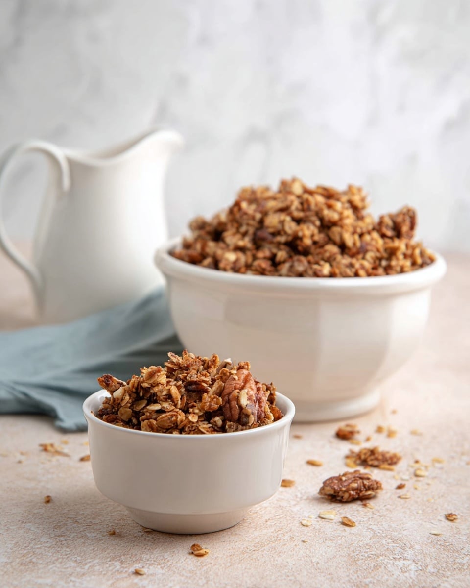 The image shows two white bowls filled with granola. The smaller bowl is in the front and is filled with chunky, brown granola that has visible pieces of nuts and oats. Behind it, a larger white bowl also overflows with the same textured granola. Both bowls sit on a light tan surface with some granola crumbs scattered around. In the background, there is a white pitcher with a handle, the whole scene set against a white marbled texture. Photo taken with an iphone --ar 4:5 --v 7