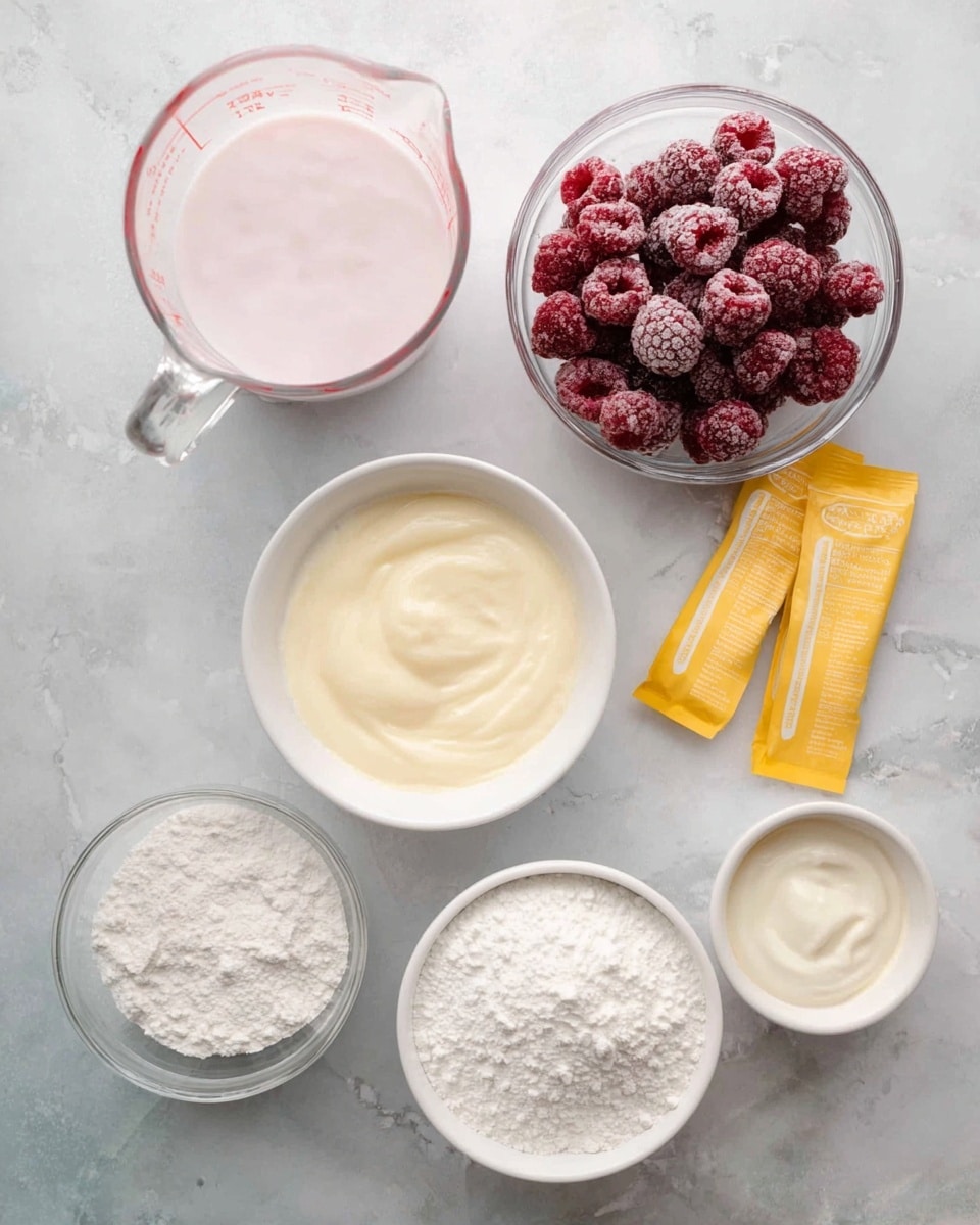 The image shows eight glass and white bowls arranged on a white marbled surface. At the top left, there is a clear glass measuring cup filled with a light pink creamy liquid. Next to it on the right is a clear glass bowl filled with whole frozen raspberries, dark red with frost. Below the measuring cup is a white bowl with a smooth, thick white cream. To its right is a clear glass bowl containing a light yellow smooth mixture. Below, there is a small clear glass bowl with white powder, a white measuring cup filled with white flour, and two yellow lemon flavor packets placed side by side near the center. The layers show a mix of smooth creamy textures, powdery white ingredients, and bright frozen berries. Photo taken with an iphone --ar 4:5 --v 7