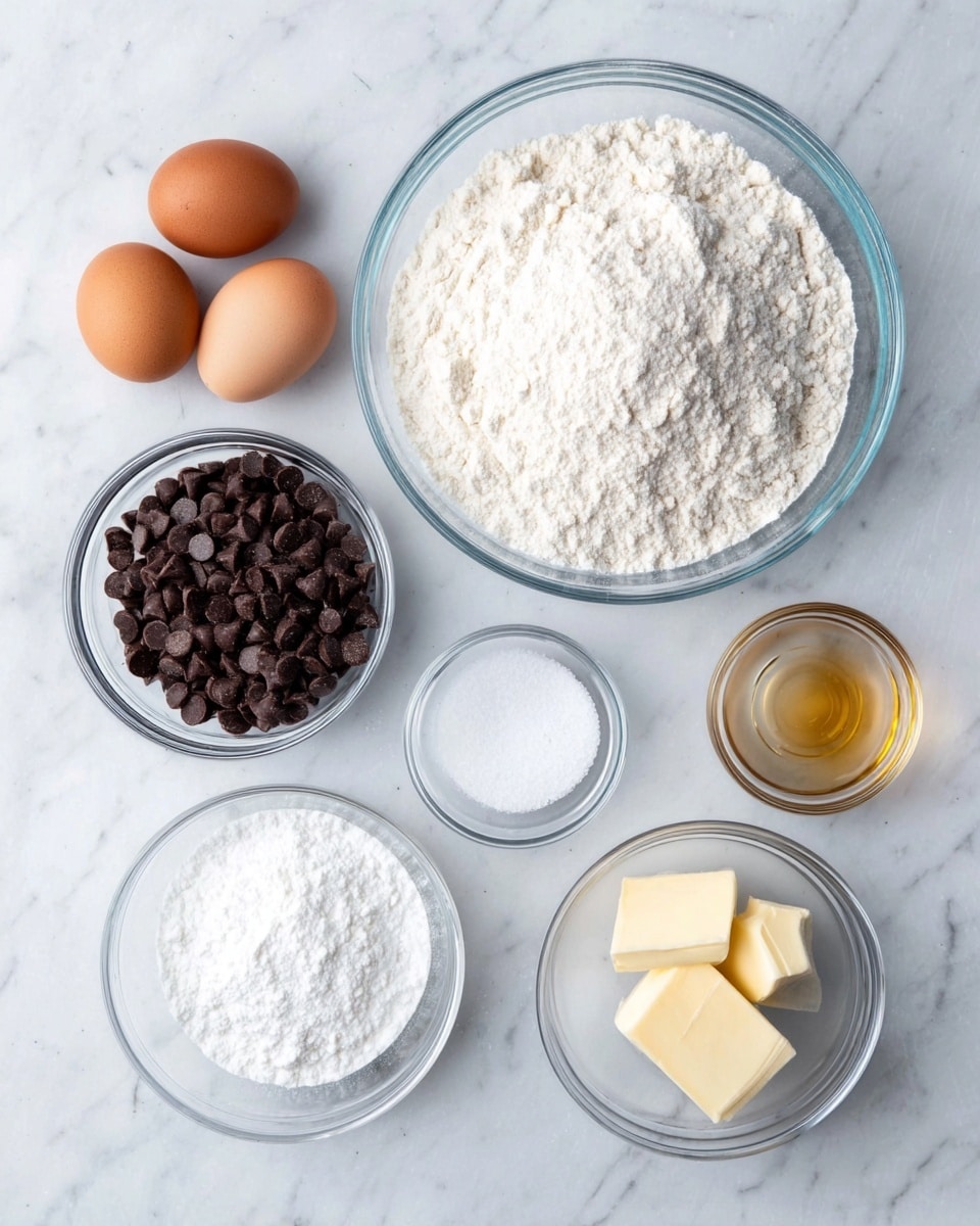 The image shows eight separate ingredients laid out on a white marbled surface. In the center is a large glass bowl full of white flour with a soft, powdery texture. To the left, a smaller glass bowl holds dark brown chocolate chips with a smooth, slightly shiny surface. Above it is another glass bowl filled with white granulated sugar, looking fine and grainy. At the top left corner, two brown eggs with smooth shells rest side by side. To the right of the flour bowl, three smaller glass bowls contain a white powder (baking soda or salt), a small piece of pale yellow butter with a soft, slightly creamy texture, and a translucent light amber liquid (likely vanilla extract). A small dish with white fine salt is placed just above the butter. All bowls are clear glass with round shapes, and the setting is clean and bright, photo taken with an iphone --ar 4:5 --v 7