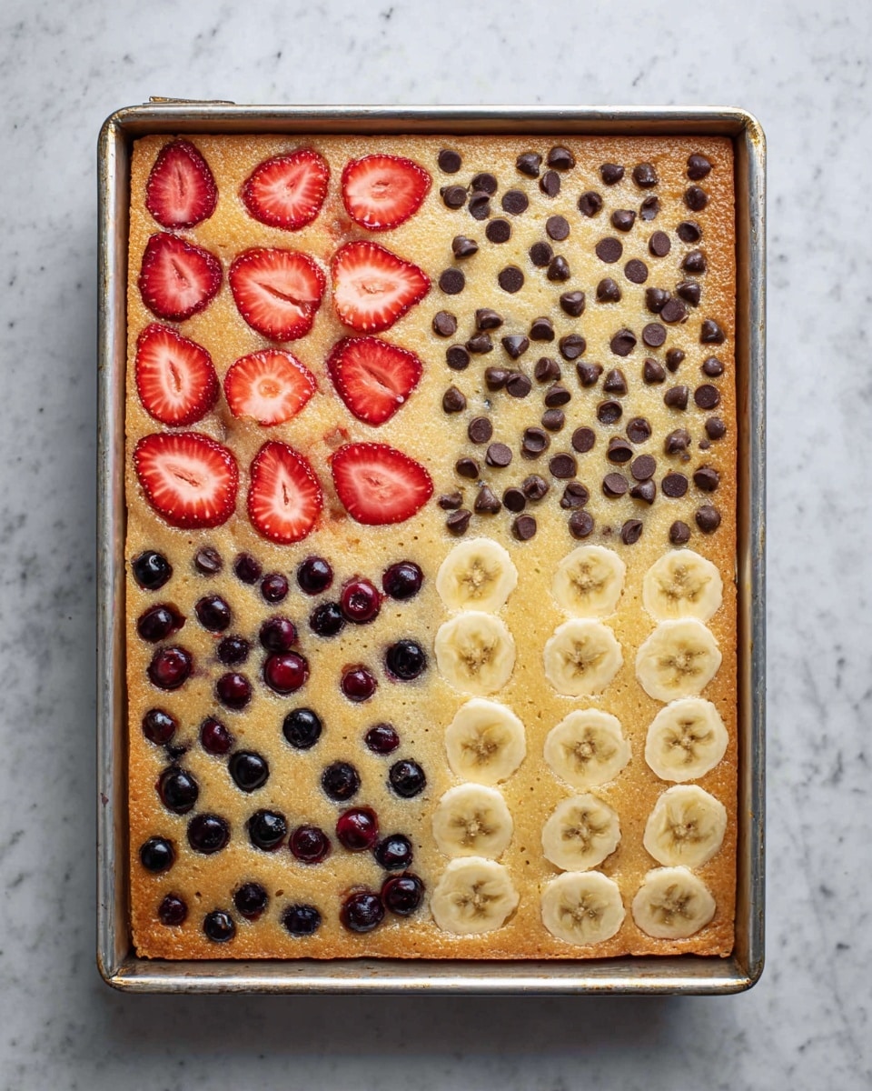 A rectangular cake baked in a metal tray is divided into four equal parts, each topped with different fruits or chocolate chips. The top left quarter has bright red strawberry slices embedded on light golden cake, each slice clearly showing its seeds and texture. The top right quarter is sprinkled with small dark brown chocolate chips scattered evenly on the same light golden cake layer. The bottom left quarter features scattered small dark blueberries embedded in the golden cake base. The bottom right quarter is decorated with light yellow banana slices arranged evenly on the golden cake. The tray rests on a white marbled surface. photo taken with an iphone --ar 4:5 --v 7