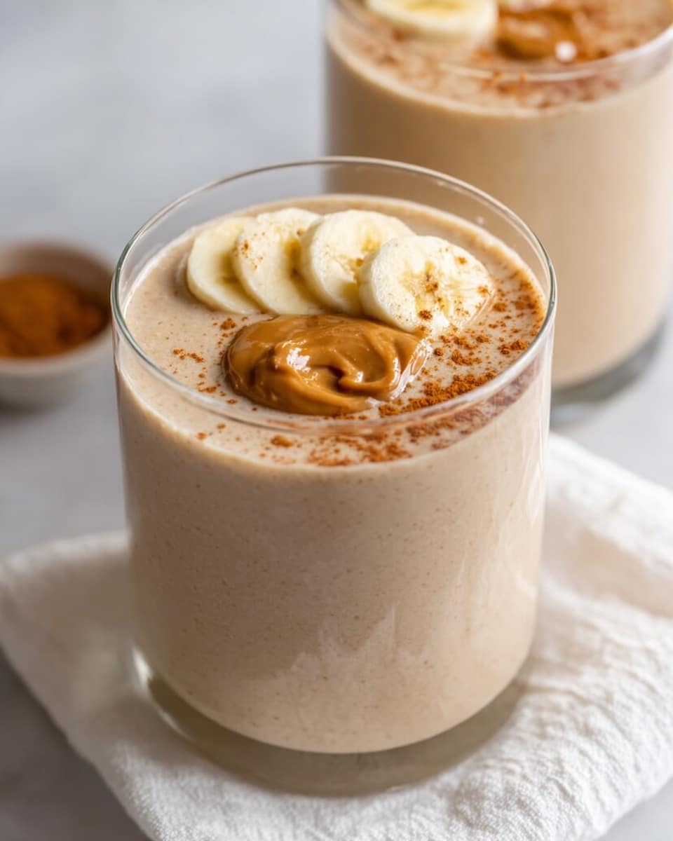 A clear glass filled with a creamy light brown smoothie sits on a white marbled surface with a white cloth underneath. The smoothie is topped with a small swirl of peanut butter in the center, three round banana slices arranged in a line partially on top of the peanut butter, and a light sprinkle of cinnamon powder scattered over the banana and peanut butter. Another similar smoothie glass is slightly blurred in the background. Photo taken with an iphone --ar 4:5 --v 7