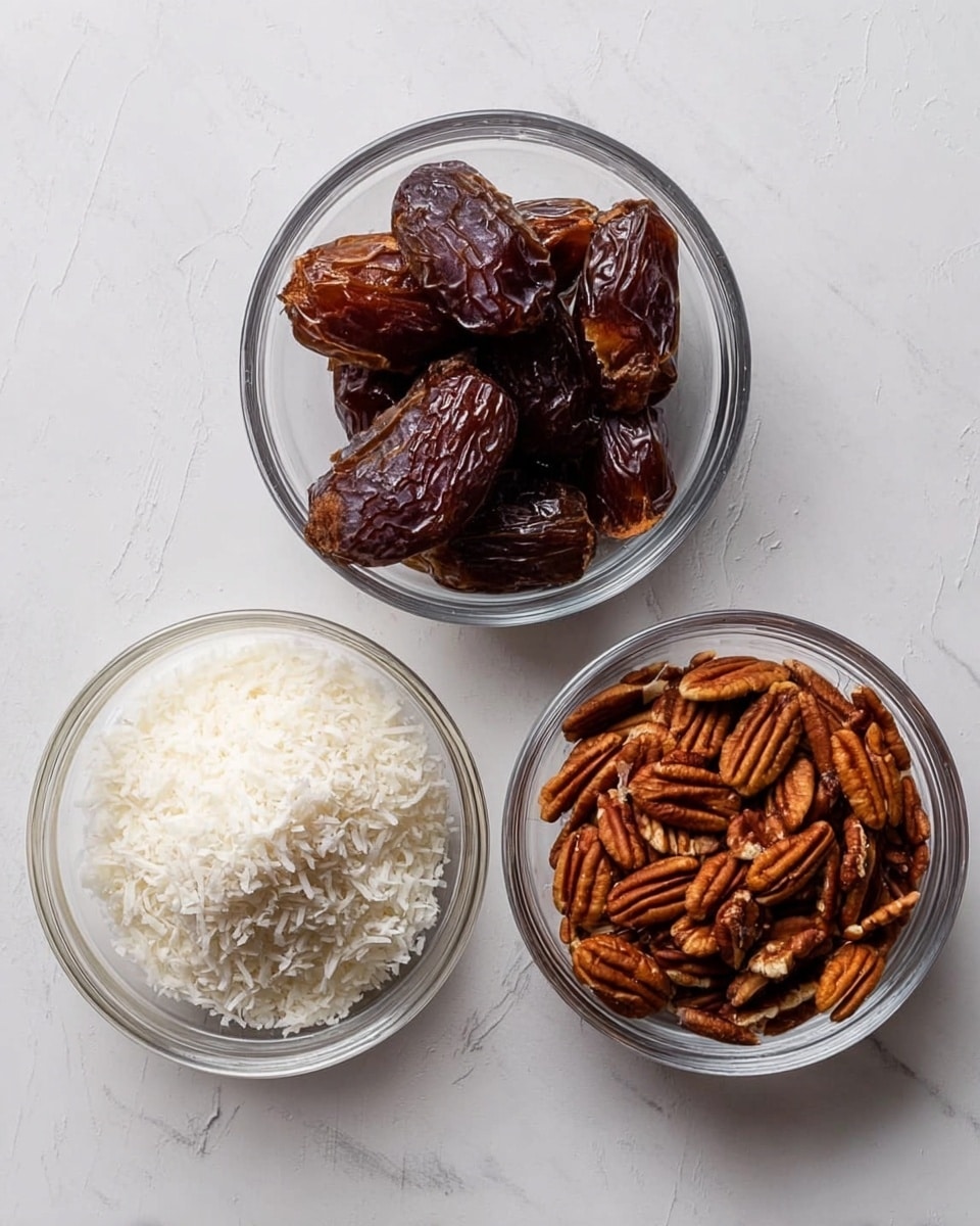 Three clear glass bowls are placed on a white marbled surface, each containing different ingredients. The top bowl holds a cluster of dark brown dates with a shiny, sticky texture. On the right, the bowl is filled with pecans, showing a rich brown color and a smooth, ridged texture. The left bowl contains finely shredded coconut, which is white and fluffy in appearance. The bowls are arranged symmetrically and evenly spaced. photo taken with an iphone --ar 4:5 --v 7