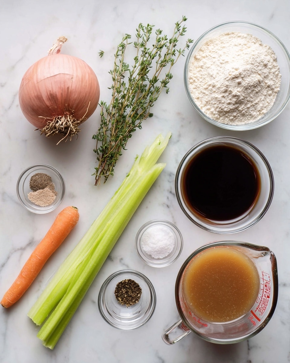 The image shows several cooking ingredients placed neatly on a white marbled surface. From left to right, there is a whole pink shallot with a dry root end, a small clear glass bowl of white flour, a sprig of fresh green thyme, a small clear glass bowl of dark brown liquid, an orange carrot with some surface texture, a light green celery stick, a tiny clear glass bowl with white salt and black pepper, a small clear glass bowl of a dark sauce with spices, and a large clear glass measuring cup filled with light brown broth. All items are arranged in a clean and organized way with good lighting. Photo taken with an iphone --ar 4:5 --v 7