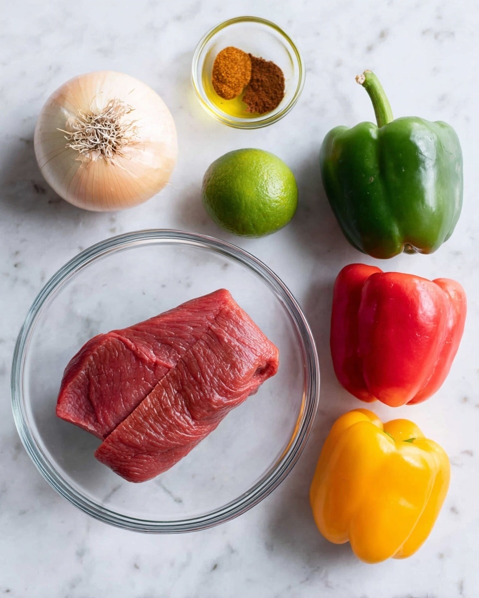 A clear glass bowl sits on a white marbled surface, holding a single piece of raw red meat with a smooth texture. Around the bowl, there is a whole white onion with a dry top, a whole green lime, a small glass bowl filled with brownish-red spice powder, and a clear glass container with light yellow oil. To the right, three whole bell peppers are arranged vertically in green, yellow, and red colors, all shiny and smooth. The photo taken with an iphone --ar 4:5 --v 7