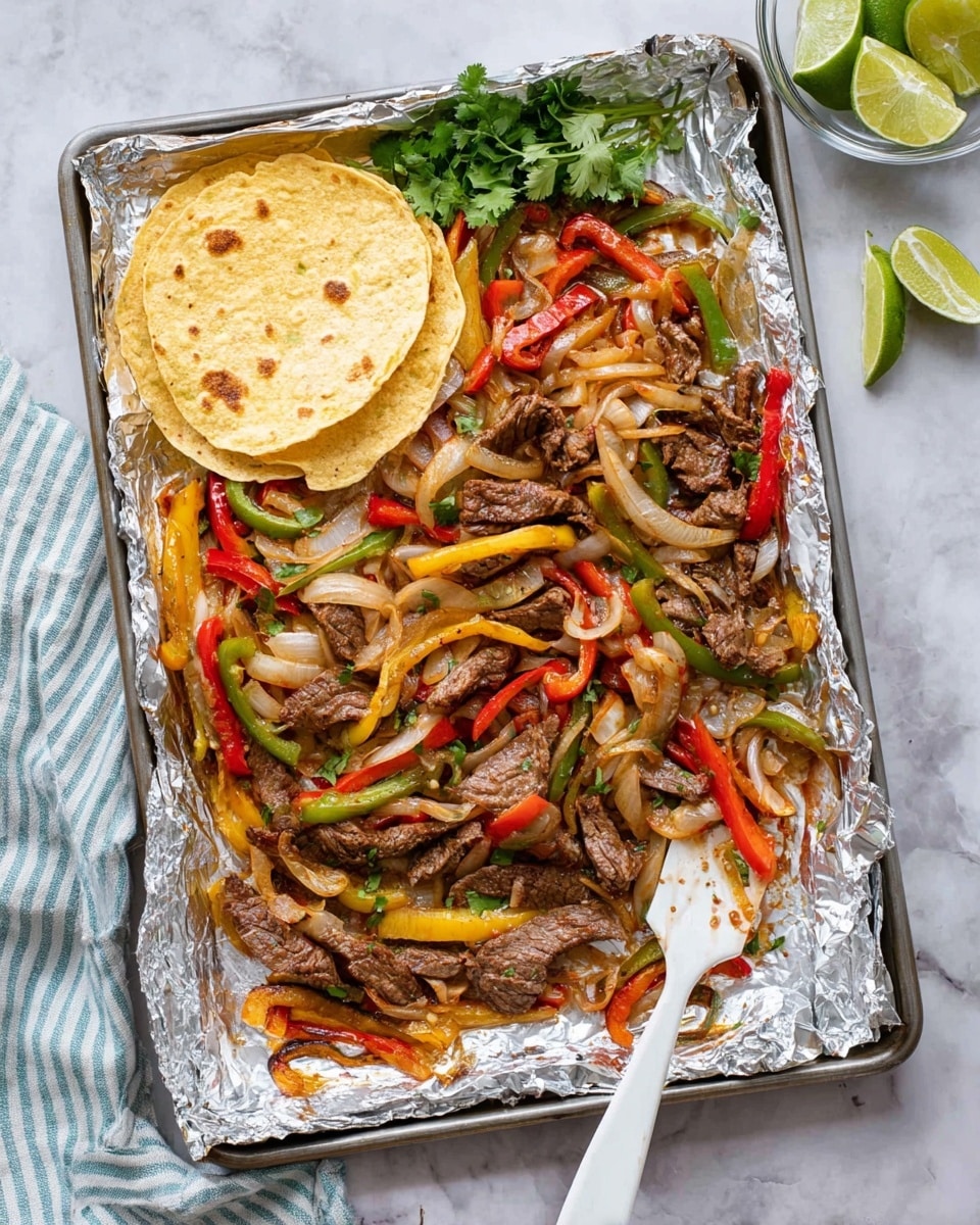 A large baking tray covered with shiny aluminum foil holds a colorful mix of cooked strips of brown beef, red, green, and yellow bell pepper strips, and sautéed light brown onion rings. In the top left corner, a stack of yellow corn tortillas is placed on a small foil square. Fresh green cilantro leaves are scattered a bit on top of the cooked mix and placed as a bunch in the bottom left corner. A white spatula lifts some of the beef and vegetables on the right side. The tray rests on a white marbled surface with a light blue striped cloth peeking from the bottom left and a clear bowl with lime wedges in the upper right corner. Photo taken with an iphone --ar 4:5 --v 7