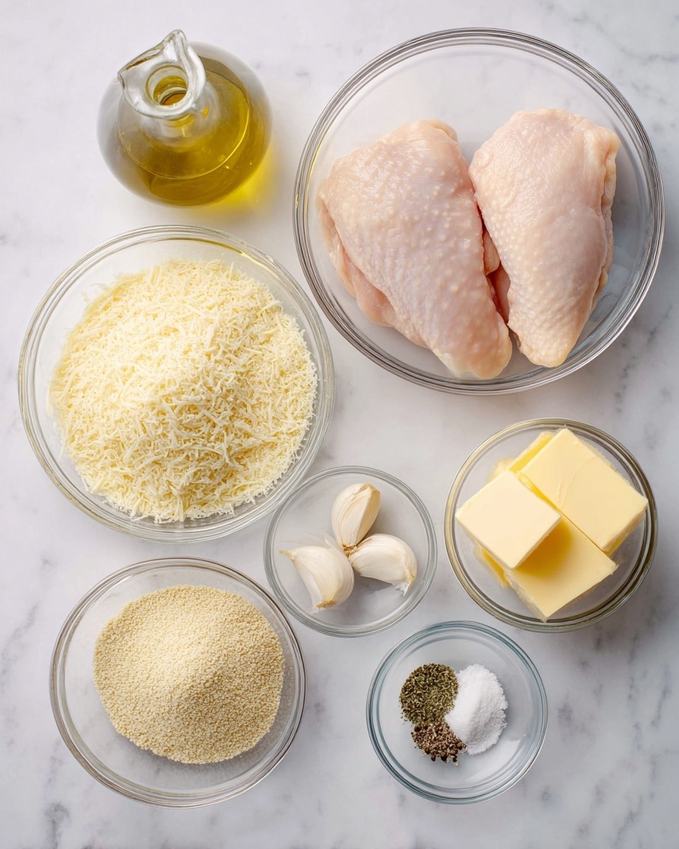 The image shows several clear glass bowls arranged on a white marbled surface, each holding different ingredients. The largest bowl on the right contains two raw, pale pink chicken pieces with smooth textures. To the left is a slightly smaller bowl filled with fine, light yellow grated cheese. Below it is another bowl with a mound of fine, light beige breadcrumbs. In front of these is a small bowl holding three cloves of garlic, smooth and off-white in color. Next to the garlic bowl is another small bowl with two rectangular blocks of bright yellow butter. Finally, a small bowl contains a mix of white salt, black ground pepper, and dried green herbs. There is also a glass bottle of pale yellow olive oil with a spout at the top left corner. Photo taken with an iphone --ar 4:5 --v 7