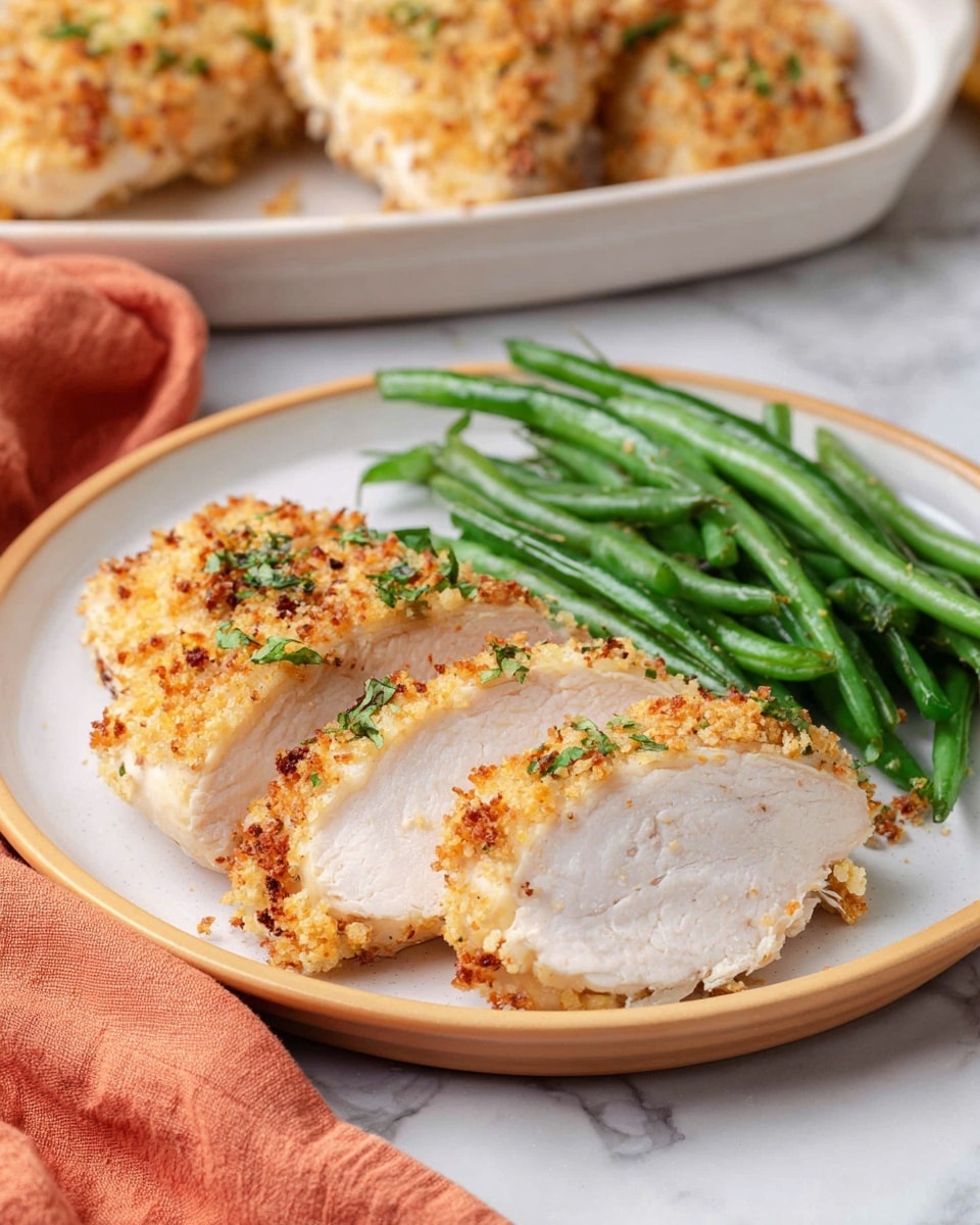 The image shows a white plate with a serving of sliced chicken covered in a crunchy, golden breadcrumb coating with some green herb bits sprinkled on top. To the right of the chicken, there is a neat pile of bright green sautéed green beans, shiny with a bit of oil. The plate sits on a white marbled surface, and there is a soft orange cloth partially visible in the lower left corner. In the background, a white dish holds more pieces of the crumb-coated chicken. Photo taken with an iphone --ar 4:5 --v 7