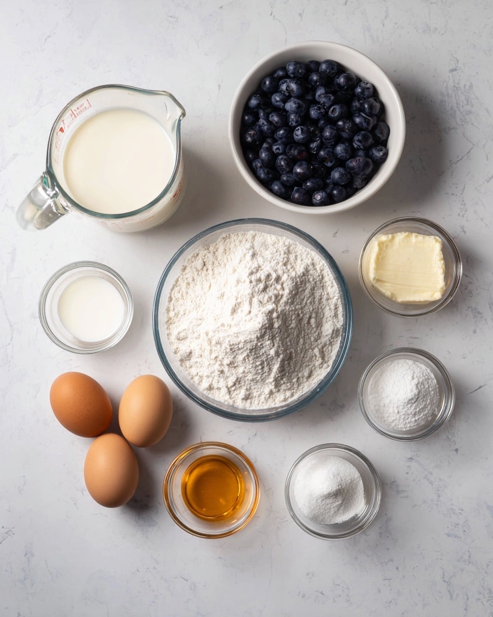 The image shows a top view of various baking ingredients placed on a white marbled surface. There is a large glass measuring cup filled with milk on the top left. Below it, a small white bowl holds fresh dark blue blueberries. In the center, a medium glass bowl is filled with white flour. To the right of the milk, three small glass bowls contain white cream, white powder, and light brown liquid from left to right. Below these, two brown eggs are placed side by side with another small glass bowl with amber liquid below them. The ingredients are all neatly arranged in a balanced layout. photo taken with an iphone --ar 4:5 --v 7