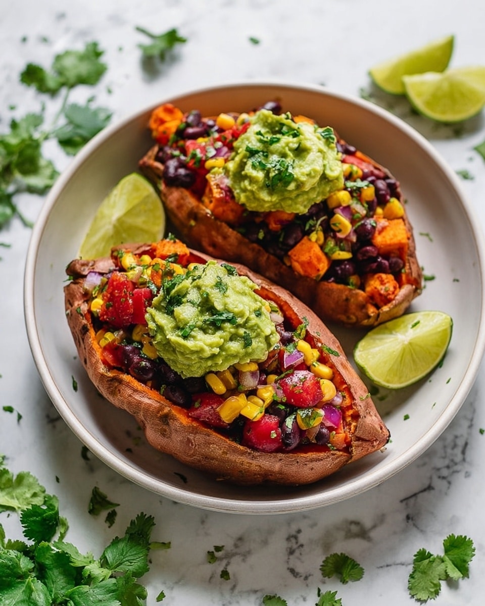 The image shows two roasted sweet potatoes in a white bowl on a white marbled surface. Each sweet potato is cut open and stuffed with black beans, corn, chopped cherry tomatoes, and finely chopped red onion mixed with herbs. On top of each stuffed potato is a generous scoop of green guacamole, garnished with small cilantro leaves. A wedge of lime sits inside the bowl next to the potatoes. Around the bowl are some fresh cilantro sprigs and a cut lime, adding freshness and color to the scene. photo taken with an iphone --ar 4:5 --v 7