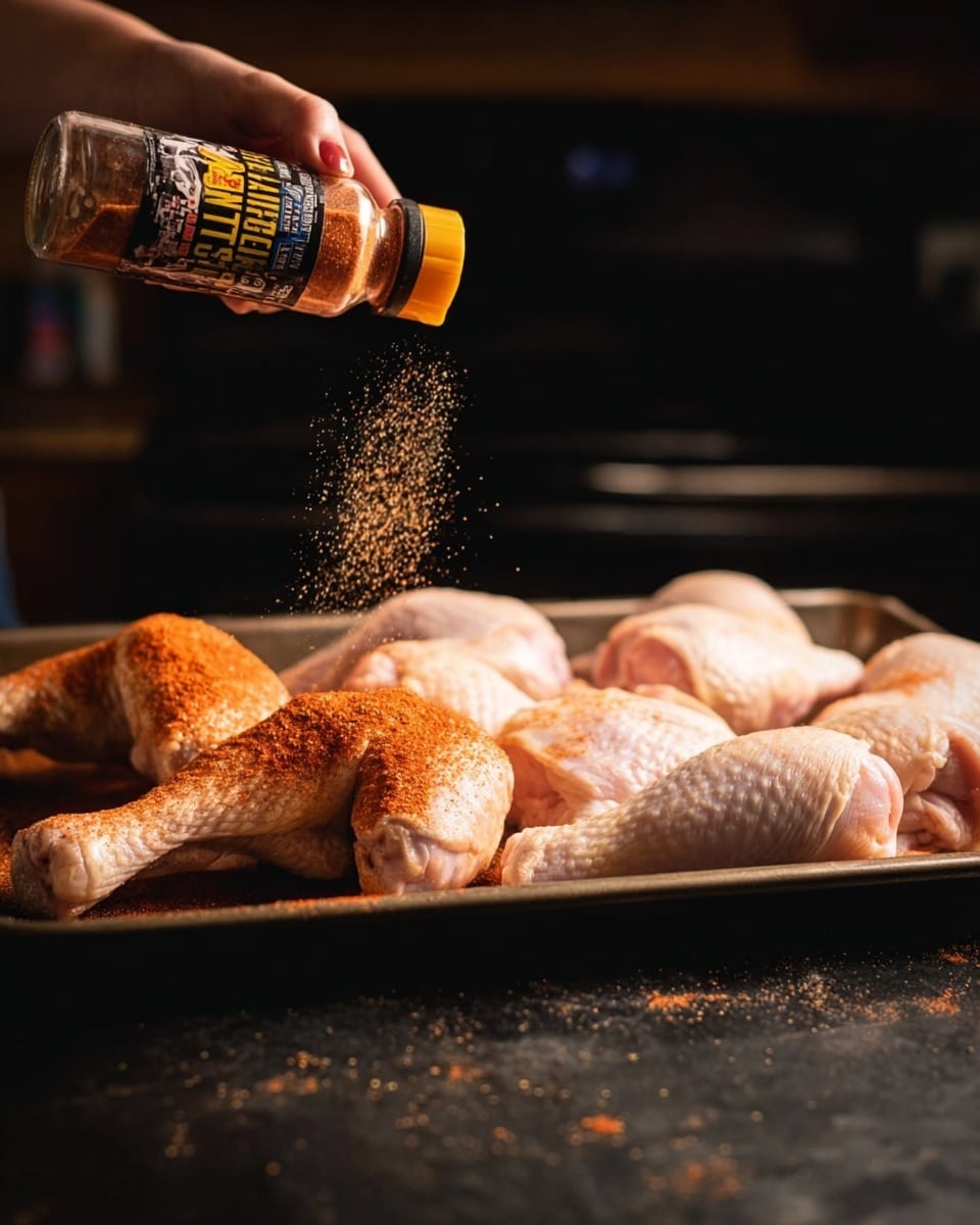 A baking tray holds several raw chicken pieces, including wings, drumsticks, and thighs, arranged loosely across the surface. Two chicken legs on the left are covered with a fine layer of reddish-orange spice rub, while the rest of the pieces remain pale and uncooked. Above the tray, a woman's hand sprinkles more of the same spice from a clear bottle labeled in yellow and black, creating a dusting effect on the chicken. The background shows a dark setting with a faint view of a kitchen counter. The scene is lit warmly with soft light emphasizing the textures of the chicken skin and spice particles. Photo taken with an iphone --ar 4:5 --v 7