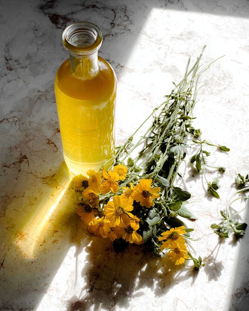 The image shows a clear glass bottle filled with yellow liquid placed on a white marbled surface. Next to the bottle is a bunch of small yellow flowers with green stems and leaves, lying flat on the same surface. The lighting casts shadows, enhancing the textures of the flowers, leaves, and bottle. photo taken with an iphone --ar 4:5 --v 7