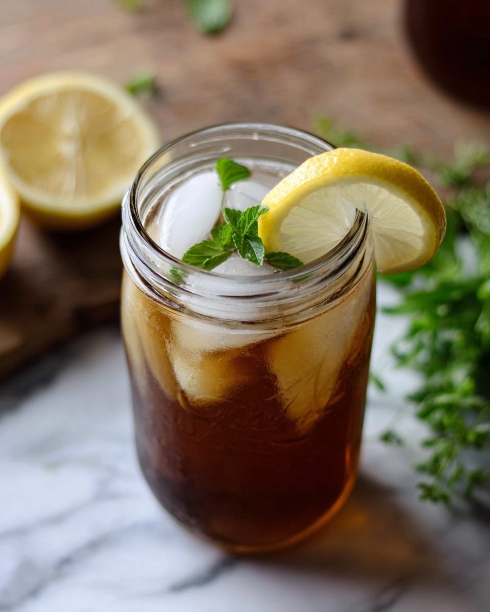 A clear glass jar filled with a dark brown iced tea, containing several round ice cubes floating near the top. Inside the jar, there are a few mint leaves adding a bright green color. A fresh lemon slice with yellow rind and pale yellow inside is placed on the rim of the jar. The jar is set against a white marbled surface with some green herbs and a halved lemon blurred in the background. Photo taken with an iphone --ar 4:5 --v 7